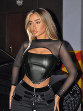 Black PU Mesh Cut Out Front Asymmetrical Hem Crop Tee